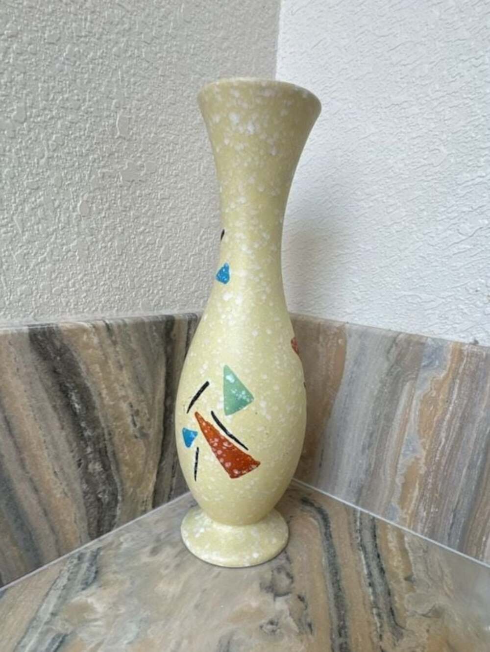Jopeko Keramik Mid Century Ceramic Vase Yellow Speckled & Geometric Shapes